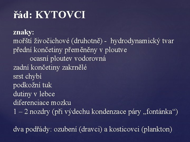 řád: KYTOVCI znaky: mořští živočichové (druhotně) - hydrodynamický tvar přední končetiny přeměněny v ploutve