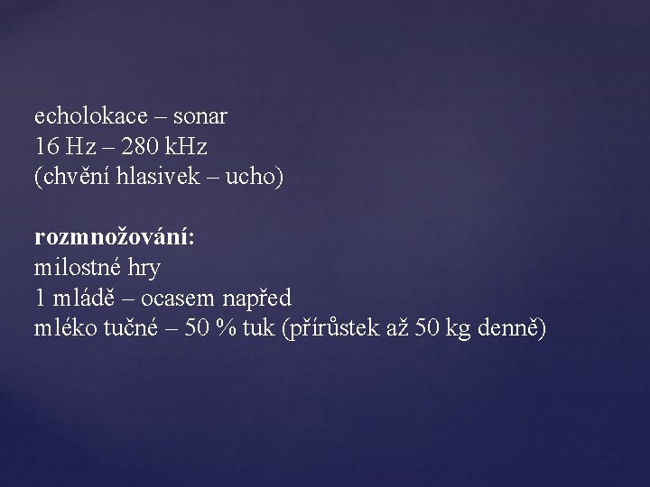 echolokace – sonar 16 Hz – 280 k. Hz (chvění hlasivek – ucho) rozmnožování: