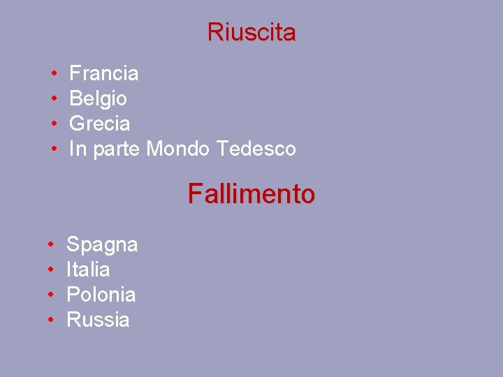 Riuscita • • Francia Belgio Grecia In parte Mondo Tedesco Fallimento • • Spagna