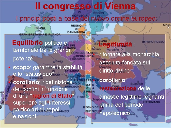 Il congresso di Vienna I principi posti a base del nuovo ordine europeo: Equilibrio