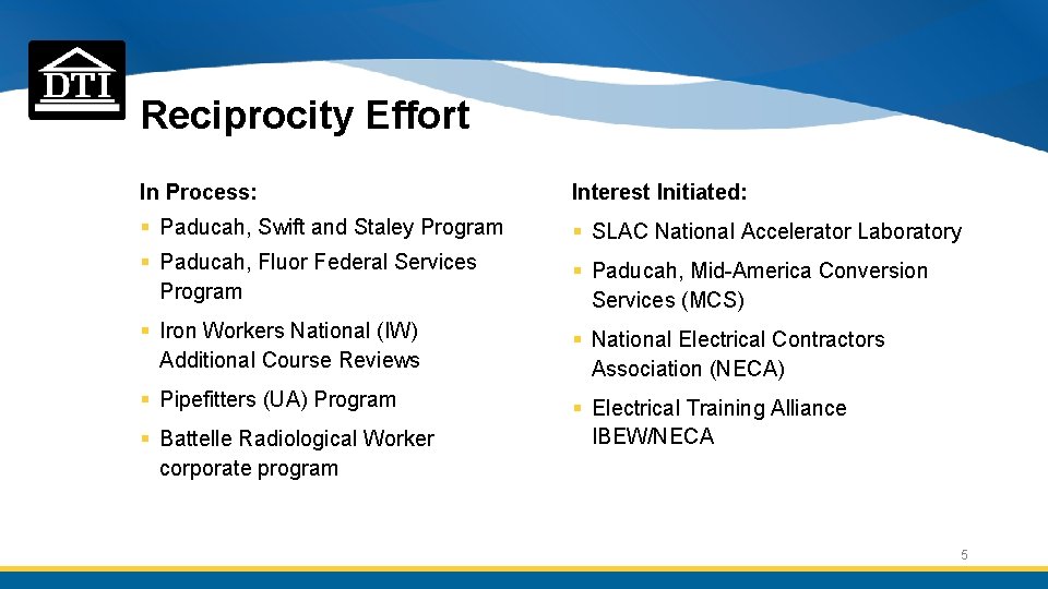 Reciprocity Effort In Process: Interest Initiated: § Paducah, Swift and Staley Program § SLAC