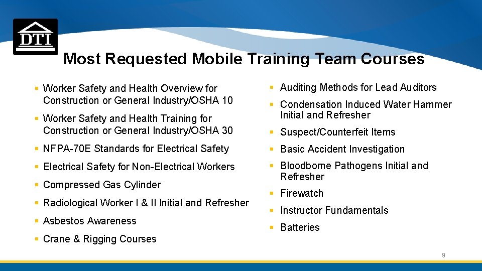 Most Requested Mobile Training Team Courses § Worker Safety and Health Overview for Construction