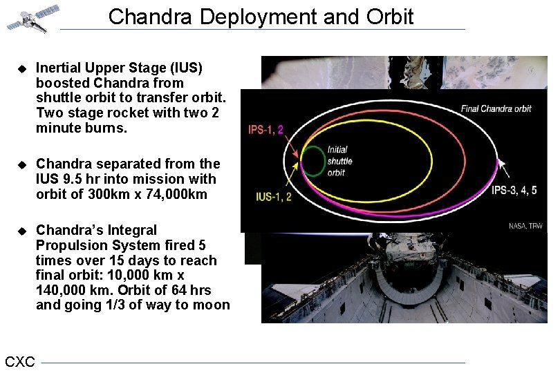 Chandra Deployment and Orbit u Inertial Upper Stage (IUS) boosted Chandra from shuttle orbit