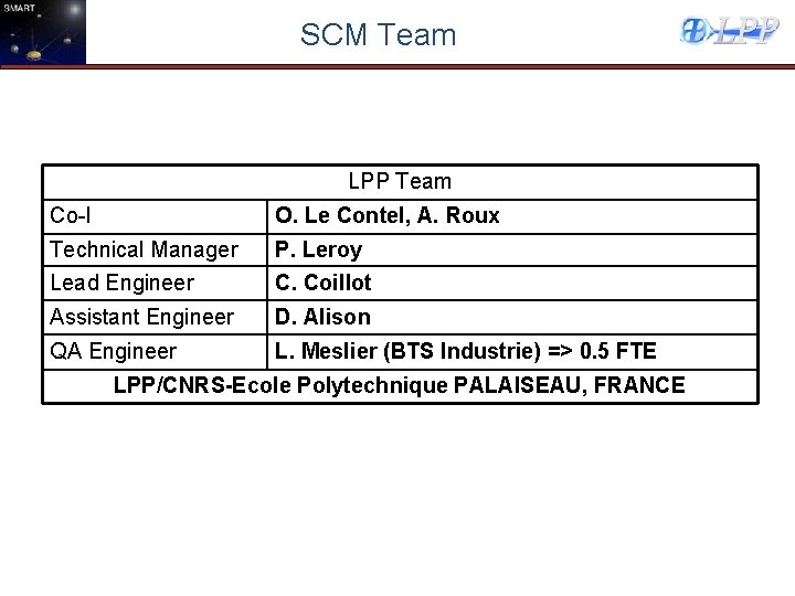 SCM Team LPP Team Co-I O. Le Contel, A. Roux Technical Manager Lead Engineer