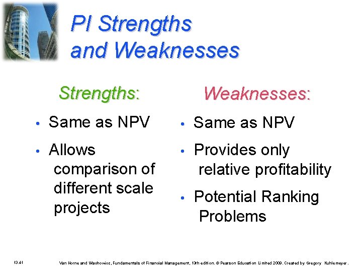 PI Strengths and Weaknesses Strengths: 13. 41 Weaknesses: • Same as NPV • Allows