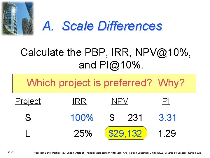 A. Scale Differences Calculate the PBP, IRR, NPV@10%, and PI@10%. Which project is preferred?