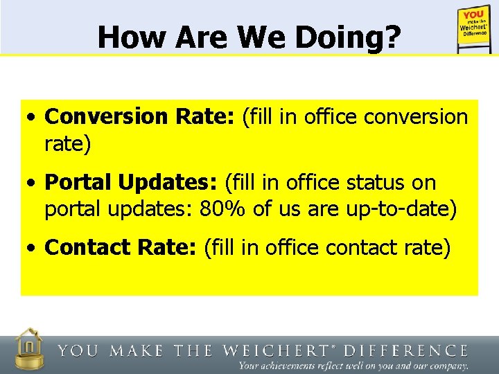 How Are We Doing? • Conversion Rate: (fill in office conversion rate) • Portal