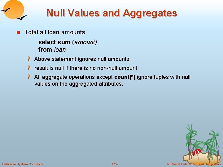 Null Values and Aggregates n Total all loan amounts select sum (amount) from loan