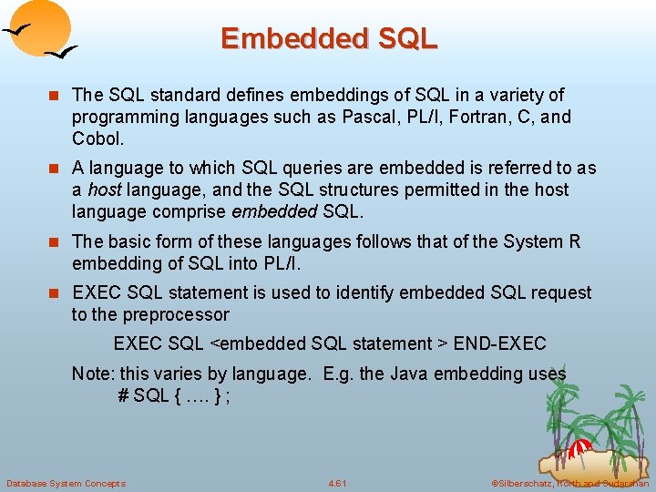 Embedded SQL n The SQL standard defines embeddings of SQL in a variety of