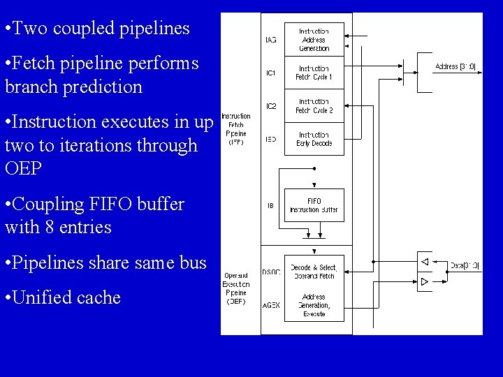  • Two coupled pipelines • Fetch pipeline performs branch prediction • Instruction executes