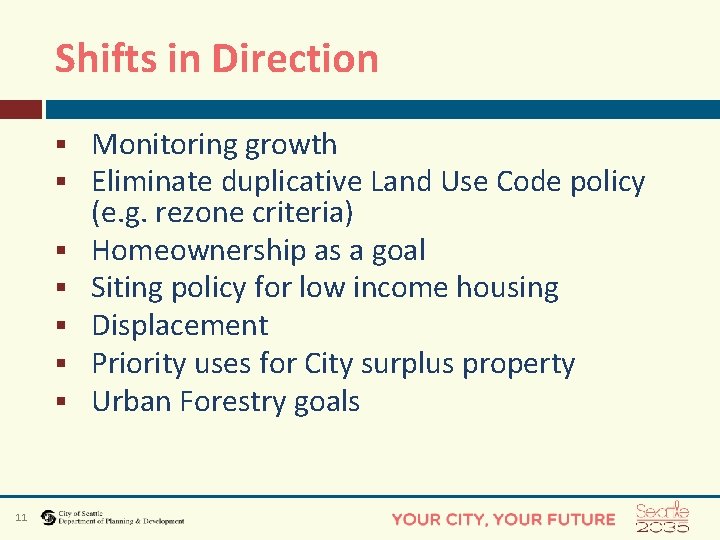 Shifts in Direction § § § § 11 Monitoring growth Eliminate duplicative Land Use