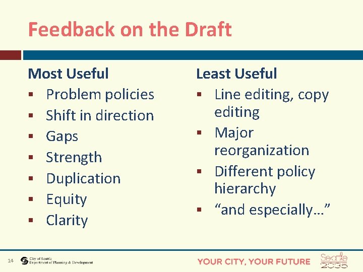 Feedback on the Draft Most Useful § Problem policies § Shift in direction §