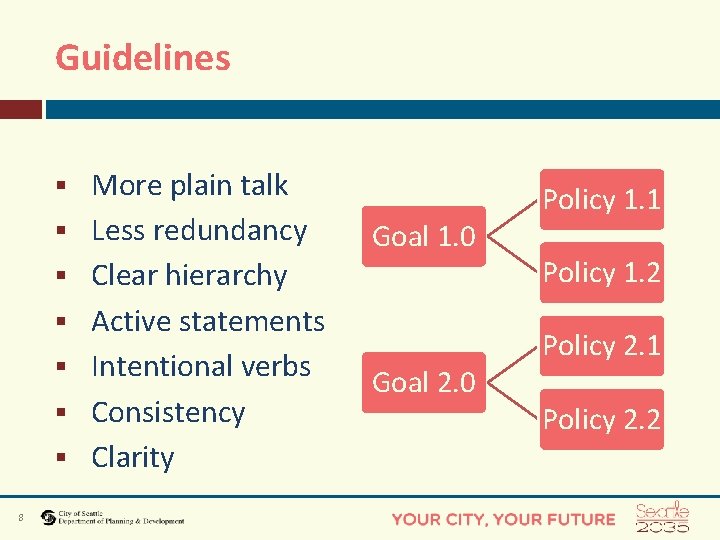 Guidelines § § § § 8 More plain talk Less redundancy Clear hierarchy Active