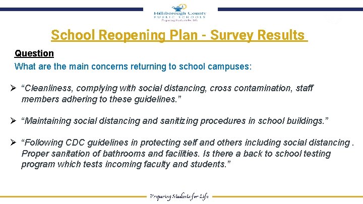 School Reopening Plan - Survey Results Question What are the main concerns returning to