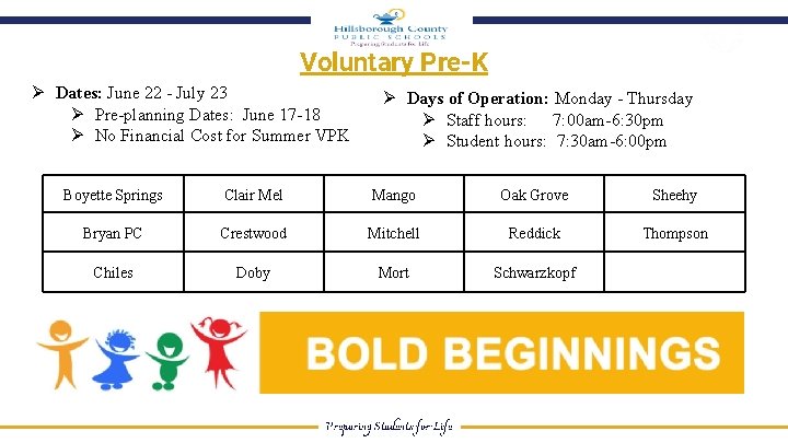 Voluntary Pre-K Ø Dates: June 22 - July 23 Ø Pre-planning Dates: June 17