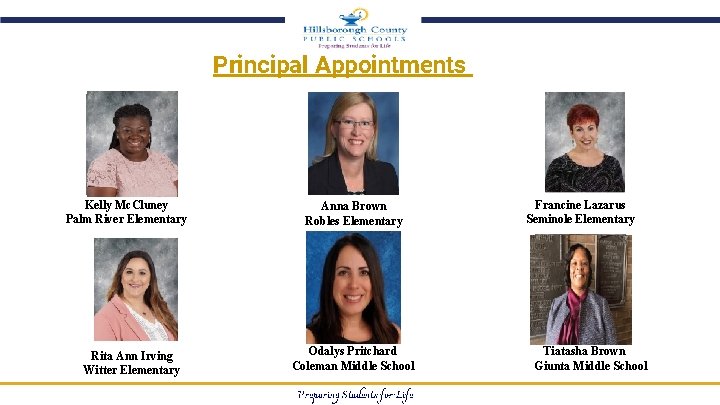 Principal Appointments Kelly Mc. Cluney Palm River Elementary Rita Ann Irving Witter Elementary Anna
