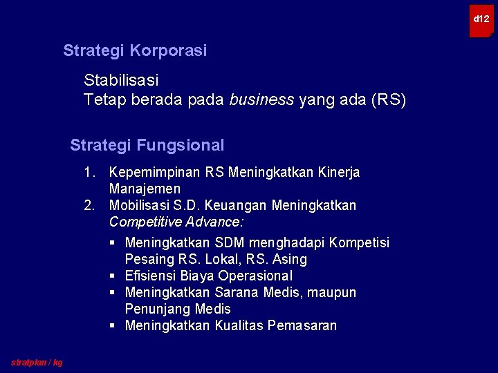 d 12 Strategi Korporasi Stabilisasi Tetap berada pada business yang ada (RS) Strategi Fungsional