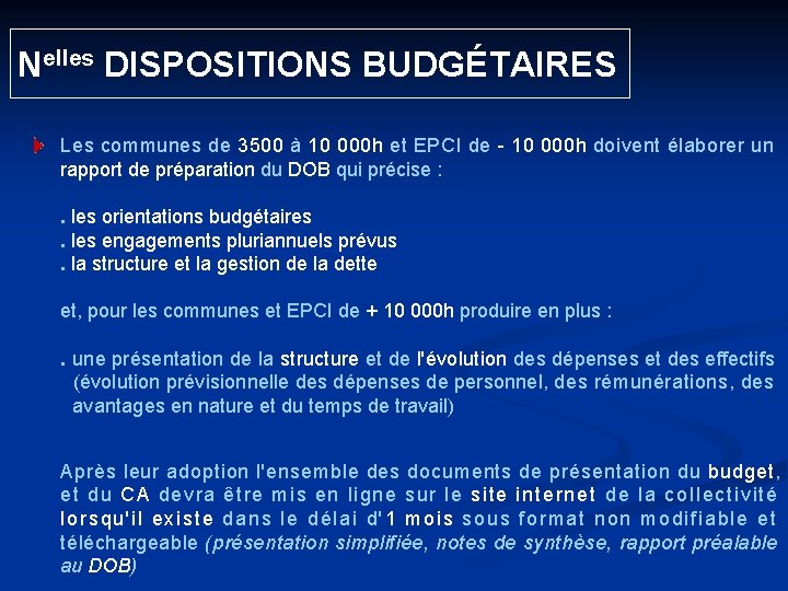  Nelles DISPOSITIONS BUDGÉTAIRES Les communes de 3500 à 10 000 h et EPCI