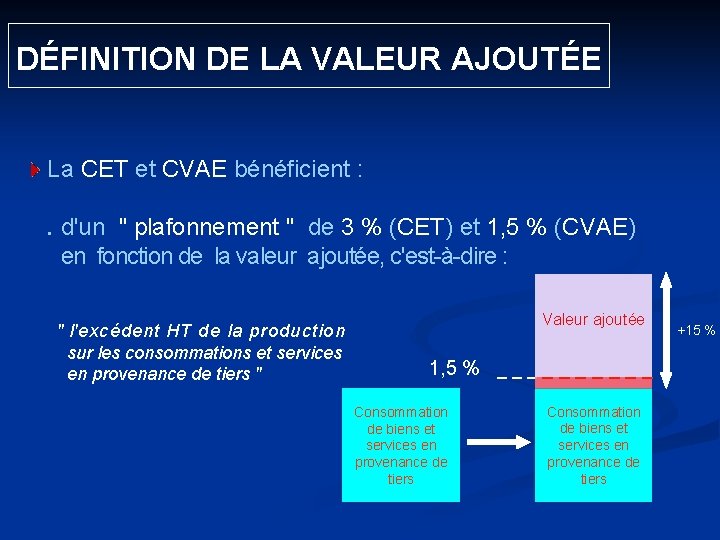  DÉFINITION DE LA VALEUR AJOUTÉE La CET et . CVAE bénéficient : d'un