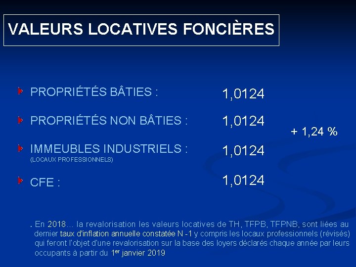  VALEURS LOCATIVES FONCIÈRES PROPRIÉTÉS B TIES : 1, 0124 PROPRIÉTÉS NON B TIES