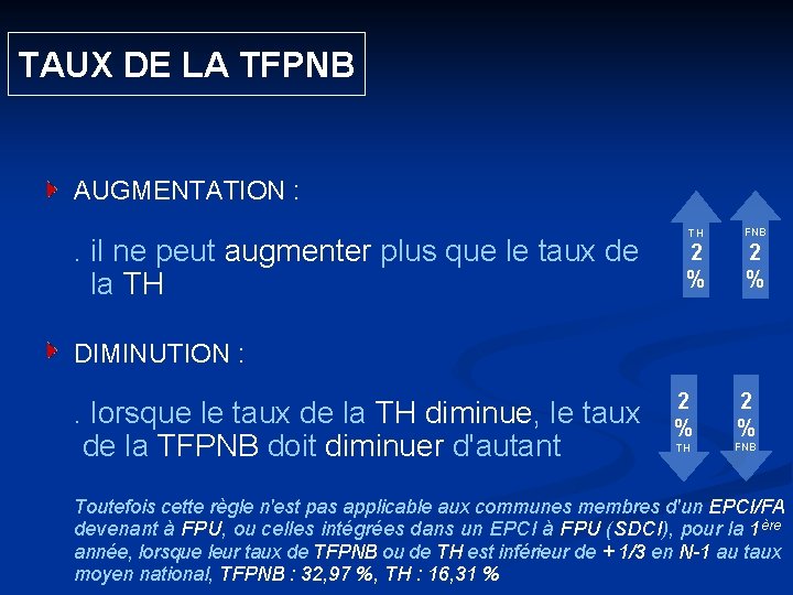  TAUX DE LA TFPNB AUGMENTATION : . il ne peut augmenter plus que