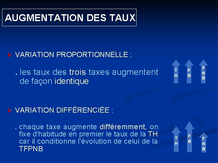  AUGMENTATION DES TAUX VARIATION PROPORTIONNELLE : . les taux des trois taxes augmentent