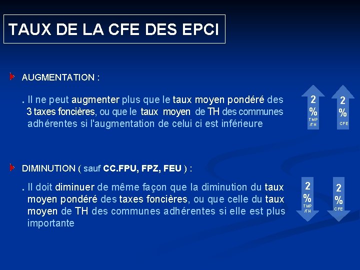  TAUX DE LA CFE DES EPCI AUGMENTATION : . Il ne peut augmenter