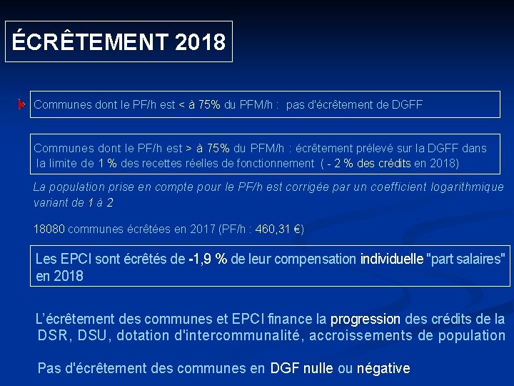  ÉCRÊTEMENT 2018 Communes dont le PF/h est < à 75% du PFM/h :