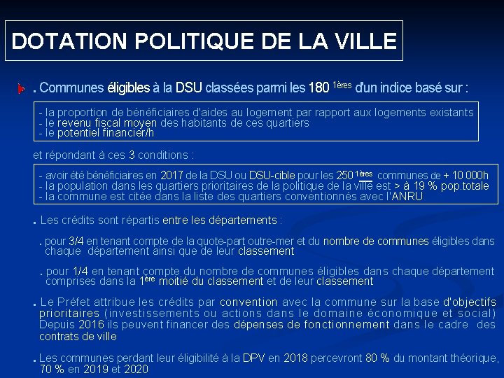  DOTATION POLITIQUE DE LA VILLE. Communes éligibles à la DSU classées parmi les