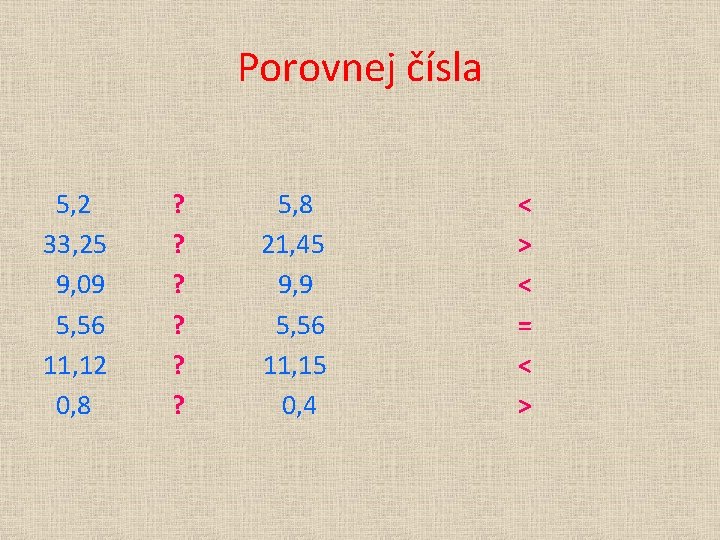 Porovnej čísla 5, 2 33, 25 9, 09 5, 56 11, 12 0, 8