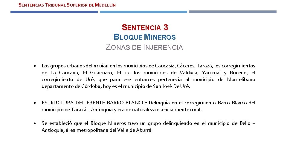 SENTENCIAS TRIBUNAL SUPERIOR DE MEDELLÍN SENTENCIA 3 BLOQUE MINEROS ZONAS DE INJERENCIA Los grupos