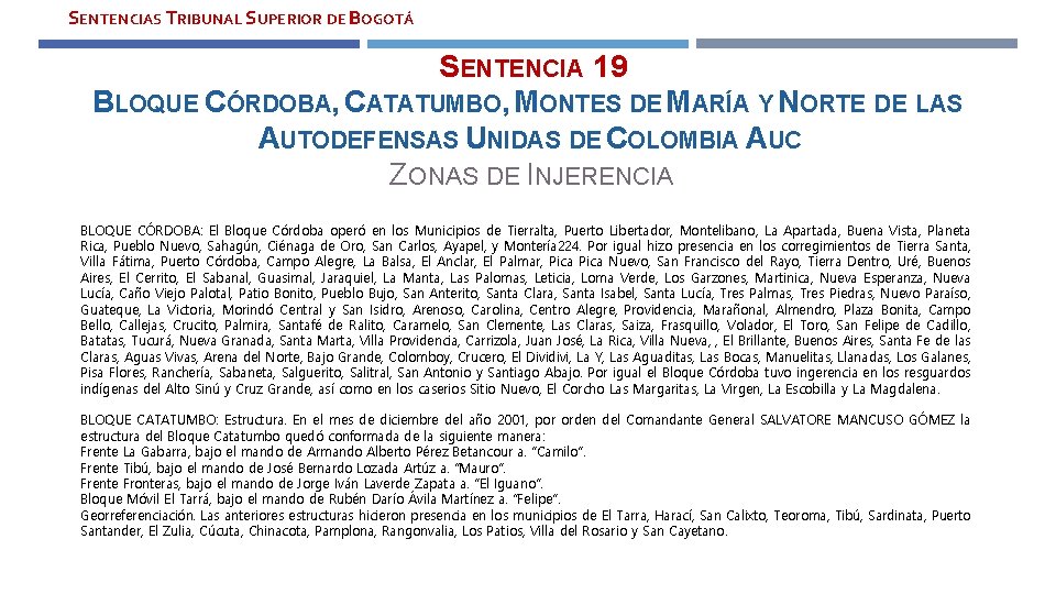 SENTENCIAS TRIBUNAL SUPERIOR DE BOGOTÁ SENTENCIA 19 BLOQUE CÓRDOBA, CATATUMBO, MONTES DE MARÍA Y