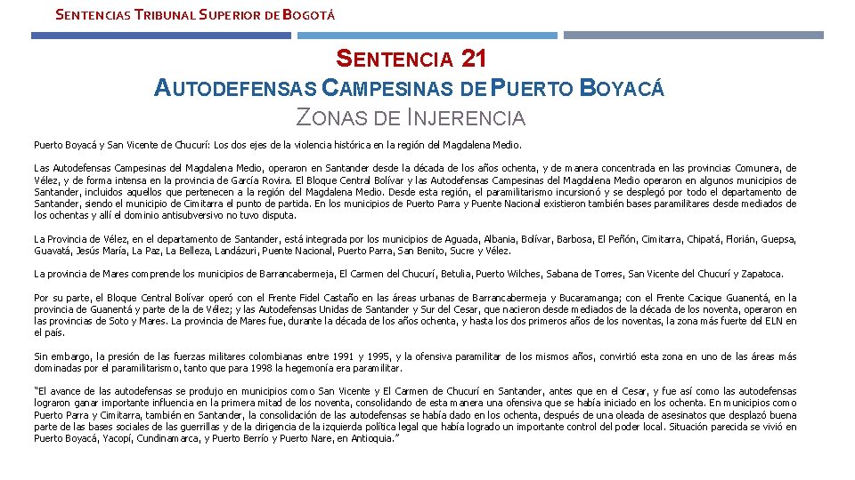 SENTENCIAS TRIBUNAL SUPERIOR DE BOGOTÁ SENTENCIA 21 AUTODEFENSAS CAMPESINAS DE PUERTO BOYACÁ ZONAS DE