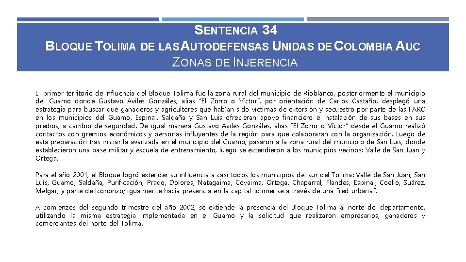 SENTENCIA 34 BLOQUE TOLIMA DE LAS AUTODEFENSAS UNIDAS DE COLOMBIA AUC ZONAS DE INJERENCIA