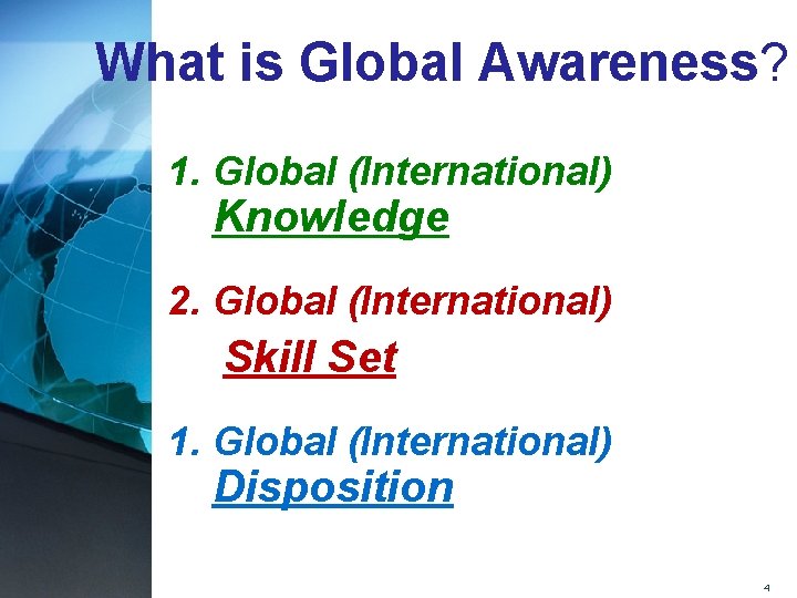 What is Global Awareness? 1. Global (International) Knowledge 2. Global (International) Skill Set 1.