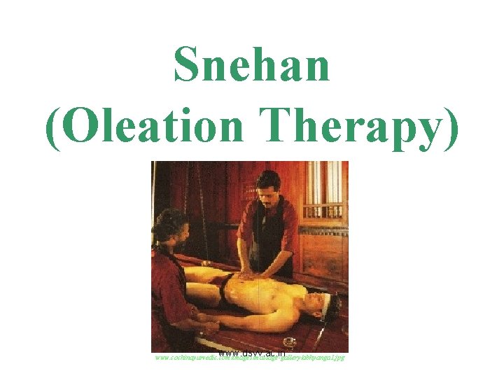 Snehan (Oleation Therapy) www. dsvv. ac. in www. cochinayurvedic. com/images/massage-gallery/abhyanga 1. jpg 