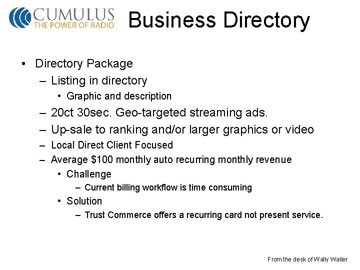 Business Directory • Directory Package – Listing in directory • Graphic and description –