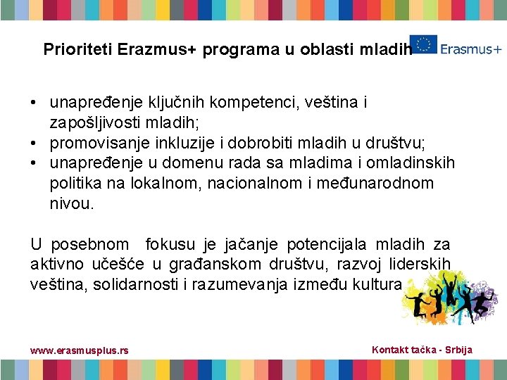 Prioriteti Erazmus+ programa u oblasti mladih • unapređenje ključnih kompetenci, veština i zapošljivosti mladih;