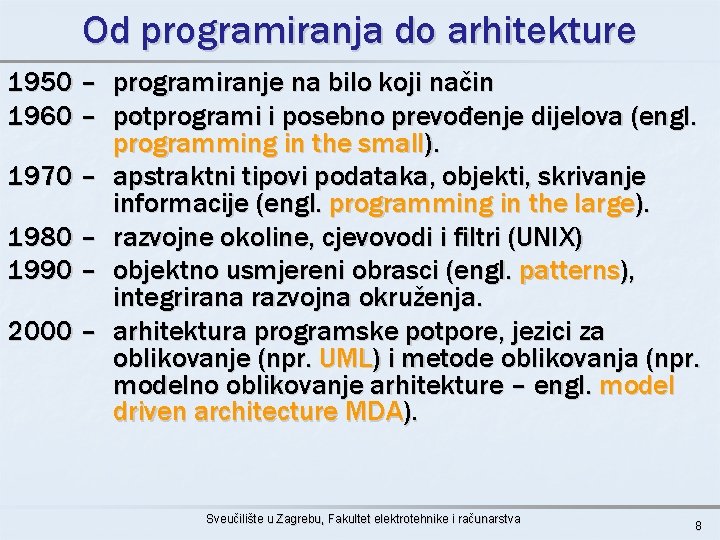 Od programiranja do arhitekture 1950 – programiranje na bilo koji način 1960 – potprogrami