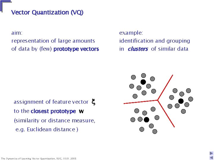 Vector Quantization (VQ) aim: representation of large amounts of data by (few) prototype vectors