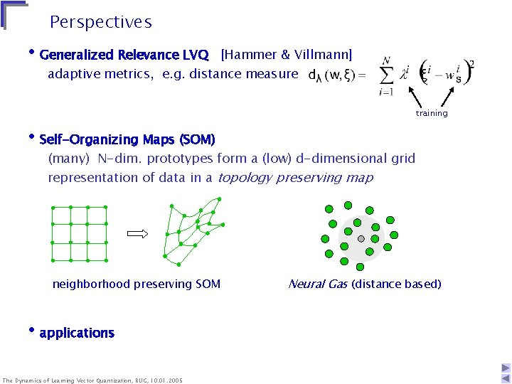 Perspectives • Generalized Relevance LVQ [Hammer & Villmann] adaptive metrics, e. g. distance measure
