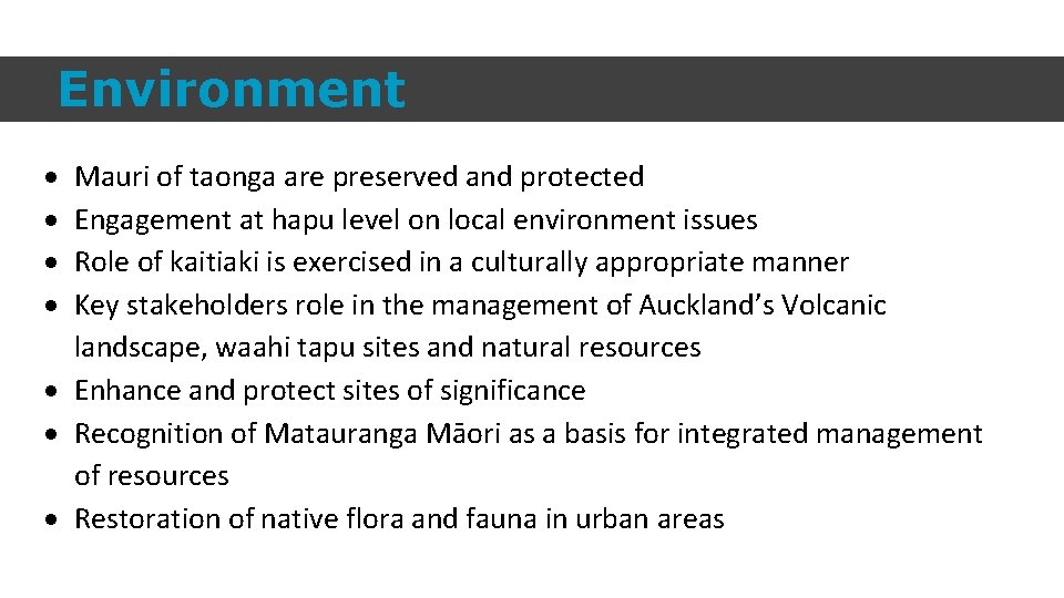 Environment Mauri of taonga are preserved and protected Engagement at hapu level on local