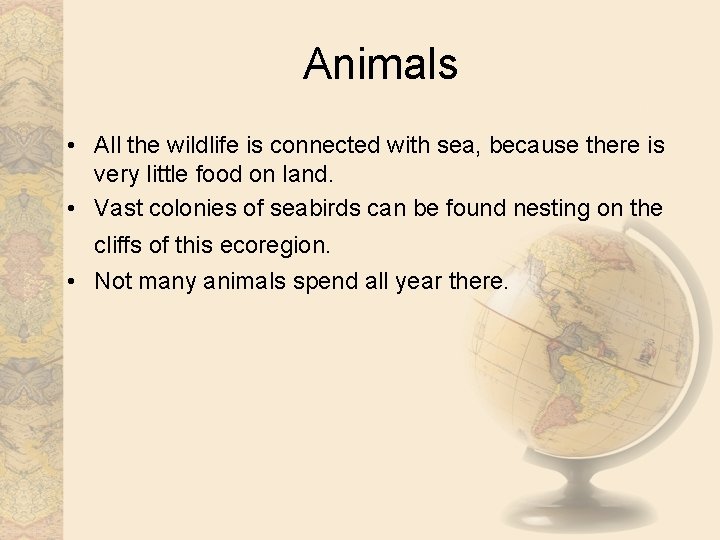 Animals • All the wildlife is connected with sea, because there is very little