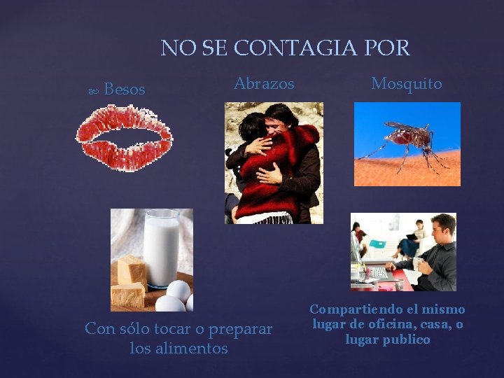 NO SE CONTAGIA POR Besos Abrazos Con sólo tocar o preparar los alimentos Mosquito