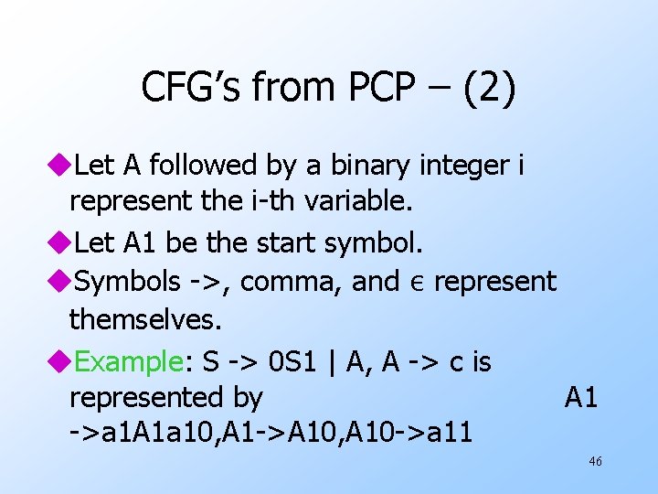 CFG’s from PCP – (2) u. Let A followed by a binary integer i
