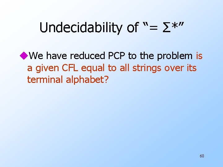 Undecidability of “= Σ*” u. We have reduced PCP to the problem is a