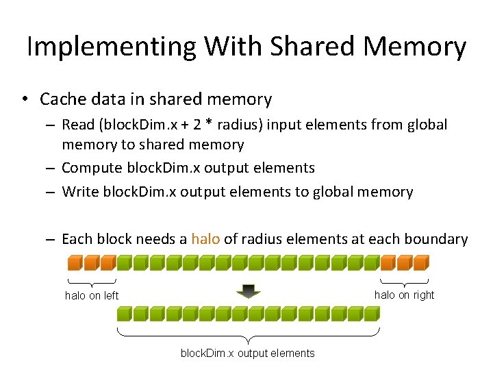 Implementing With Shared Memory • Cache data in shared memory – Read (block. Dim.