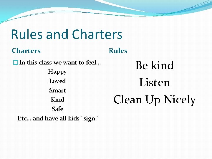 Rules and Charters �In this class we want to feel… Happy Loved Smart Kind