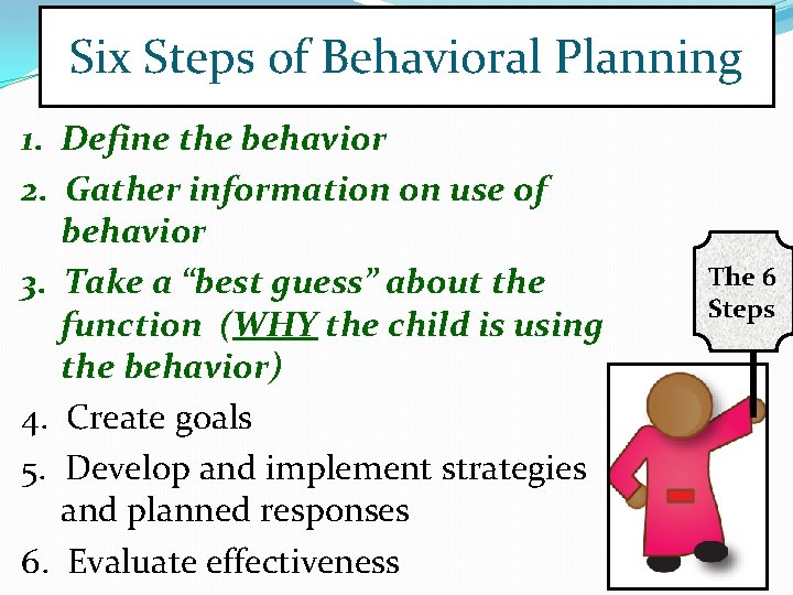 Six Steps of Behavioral Planning 1. Define the behavior 2. Gather information on use