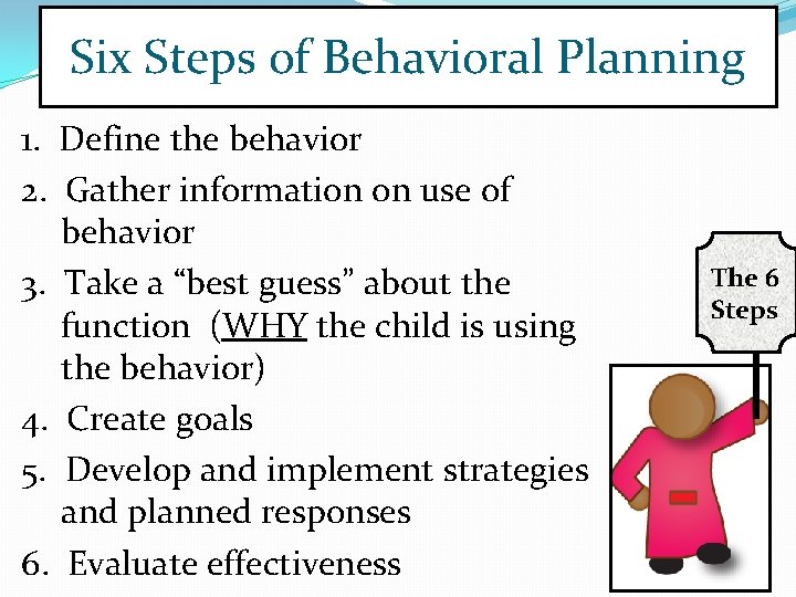 Six Steps of Behavioral Planning 1. Define the behavior 2. Gather information on use